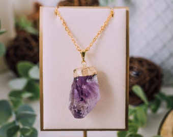 Gold Plated Amethyst Necklace - Raw Amethyst Pendant - Amethyst Crystal Jewelry - Amethyst Stone Necklace Real Crystal Healing Jewelry