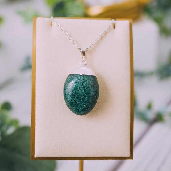 Silver Plated Tumbled Emerald Necklace - Raw Emerald Pendant - Emerald Crystal Jewelry - Emerald Stone Necklace Real Crystal Healing Jewelry