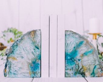 6 to 9 lb Agate Book Ends, Teal Agate Bookend Pair - Geode Bookend - Home Decor - Crystal and Stones, Book Ends, Natural Crystal, Gift