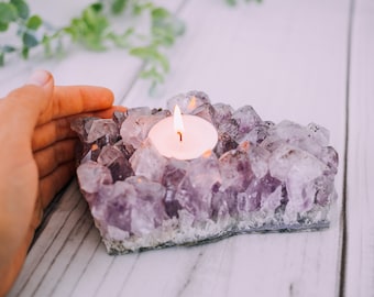 Raw Amethyst Candle Holder, Raw Quartz, Decor, Crystal, Gift, Candleholders, Candle Decor, Amethyst, Healing Crystals, Amethyst Cluster