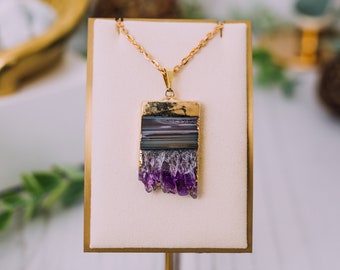 Gold Plated Amethyst Necklace Slice - Raw Amethyst Necklace - Natural Amethyst Handmade Pendant - Crystal Jewelry - Healing Crystals