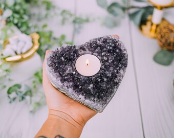 Raw Amethyst Heart Cluster Candle Holder - Amethyst Cluster Candle Holders - Amethyst Cluster Stone - Amethyst Gift - Amethyst for Candles -