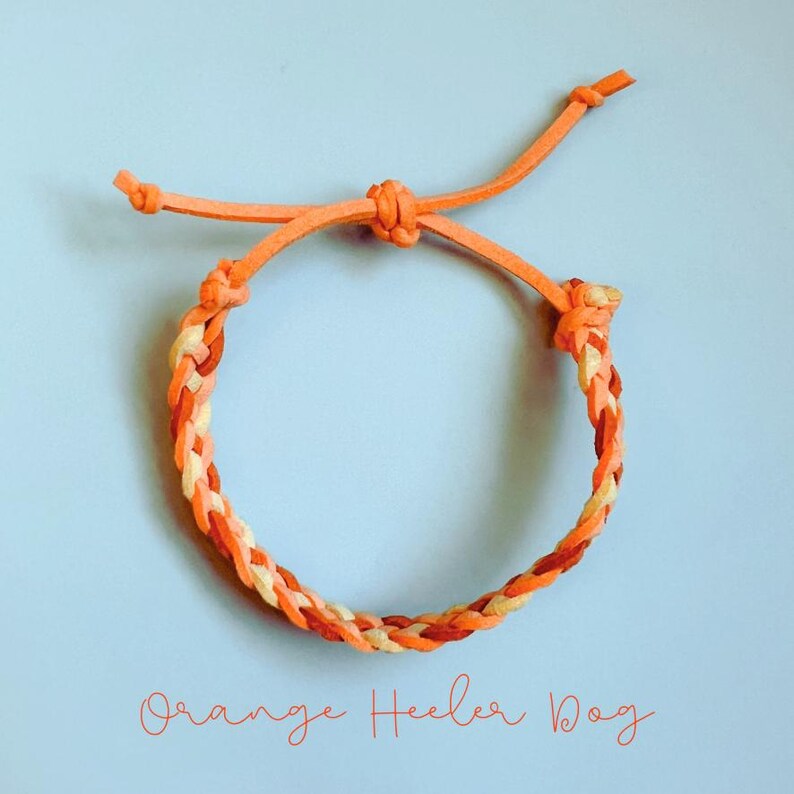 May include: Braided orange bracelet with adjustable ties, set against a light blue background. The bracelet features a mix of orange and cream-colored strands. Text at the bottom reads "Orange Heeler Dog".