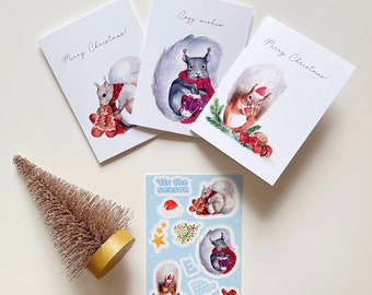 Squirrel Christmas Cards 3-Pack: Watercolor Holiday Stickers