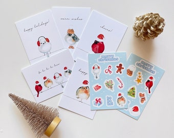 Watercolor Christmas Bird Cards with Holiday Stickers, 5-Pack