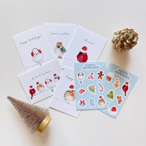 Adorables cartes oiseaux de Noël avec autocollants, paquet de 5 cartes pour les fêtes avec 2 autocollants pour les fêtes, jeu de cartes de vœux, Fa la la la la