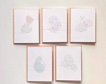 Cute Baby Shower Cards Set of 5, Baby Birthday Cards, Baby Animals, Congratulations on your baby, Cute Blank Cards, Line Animals
