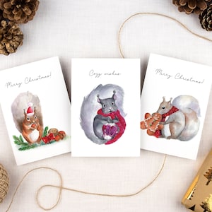Lot de 3 cartes de Noël, jolies cartes de Noël, cartes de Noël aquarelles écureuil, carte de joyeuses fêtes, lot de cartes de vœux, cartes d'animaux mignons