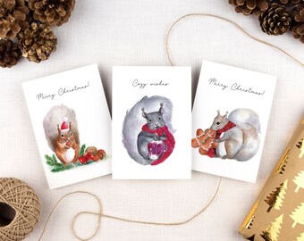 Watercolor Squirrel Christmas Cards: Holiday Card 3-Pack