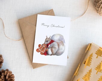 Watercolor Squirrel Christmas Card: Gingerbread Cookie Holiday Greeting