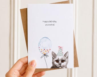 Watercolor Cat Birthday Card, Blank Inside, Includes Kraft Envelope
