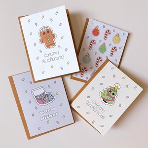 Jeu de 4 cartes de vœux kawaii, lot de 4 cartes de Noël, pain d'épice, cartes de vœux vierges, cartes de biscuits de pain d'épice, cartes de dessin animé