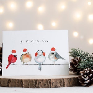 Jolie carte oiseaux de Noël, Carte de Noël vierge, Carte de vœux, Oiseaux mignons d'hiver, Fa la la la la, cadeau de Noël, carte avec enveloppe kraft