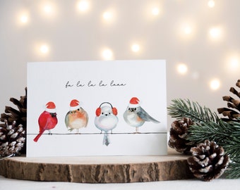 Cute Christmas Birds Card, Blank Christmas Card, Holiday Card, Cute Winter Birds, Fa la la la la, Holiday Gift, Card with Kraft Envelope