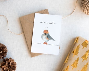 Christmas Card, Holiday Card, Warm Wishes, Blank Note Card, Cute Bird, Blank Holiday Card, Kraft Envelope, Craft Card, Generic Holiday Card