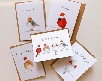 Cute Christmas Birds Cards, 5-Pack Holiday Cards, Season's Greetings Card Set, Fa la la la la, Holiday Gift, Card with Kraft Envelope