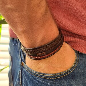 Men's Leather bracelet in Brown | Leather Bracelet with Magnetic Clasp | Handmade Genuine Multilayer Braided Rope Wrap