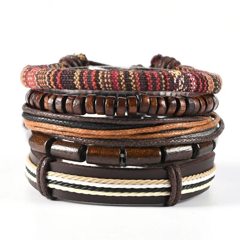 Men's Brown Leather Bracelet Surfer Wide Multi Row Layer Stack Wristband  Wrap