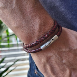 Genuine soft Italian Leather Double Wrap Men's Braided Bracelet  | Stainless Steel Magnetic Closure | men's plaited handmade wrist bracelet
