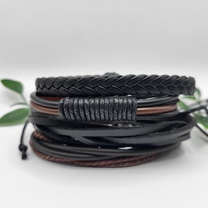 Men's 4 layer Bracelet Set | Leather braided Bracelet | Four Rustic black & brown adjustable strands | Mens wrap bracelet