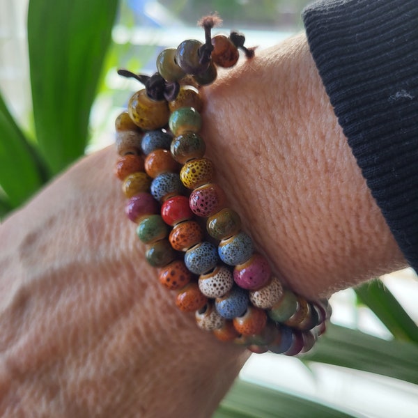Tibetan Buddhist Healing Stone Multi-coloured Bracelet | Yoga & Meditation Ethnic Ceramic Beads Bracelet | Spiritual Wrap Bracelet. 108 Mala