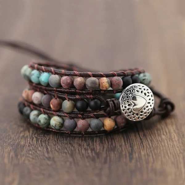 Women Wrap Bracelet Boho Natural Jasper Crystal Stone Beads Strand Bracelets