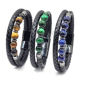 Mens Beaded Leather Bracelet Two Layer | 3 styles Stone Bead Bracelet | Stainless Steel Magnetic Clasp | Leather Fashion Wristband