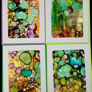 4 cartes originales vierges de 5 x 7 pouces peintes à la main. abstrait avec une touche d'or. Lot de 4.