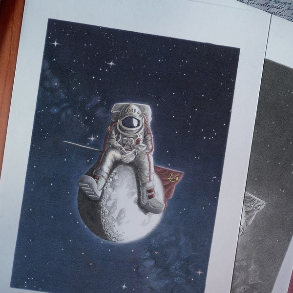 The lonely cosmonaut - Author print, color or black and white, Poster, A5, A4, A3, A2 Art Print, Crosshatch, Present idea.