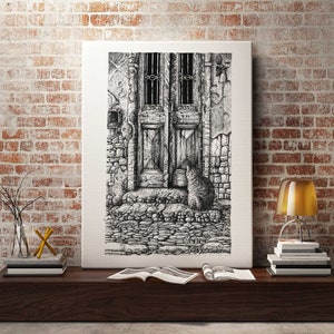 Waiting at the door - Opera originale, horror vacui, Nero su stampa bianca, Poster, A3 Art Print, Tratteggio, Stampa schermo, Idea Regalo