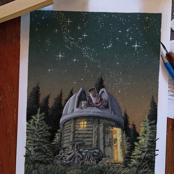 The cat in the observatory - Author print, Astronomy, Poster, A4, A3, Art Print, Crosshatch, Present idea.