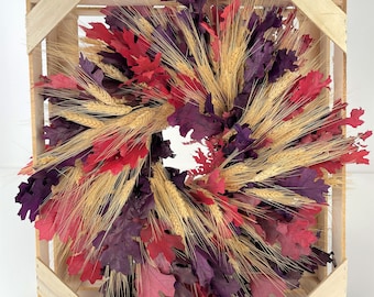 Mixed Red, Purple Oak Leaf & Blonde Wheat Wreath