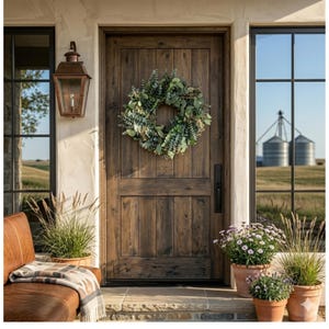 De la Terre Silver Dollar Baby Eucalyptus Wreath on front door
