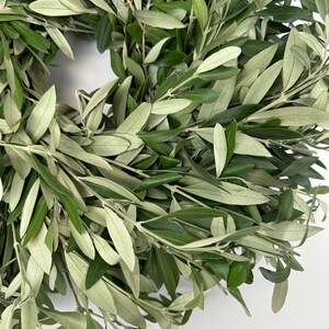 Puede incluir: Una corona de ramas de olivo verdes con ramas exuberantes y frondosas. La corona est&aacute; hecha de ramas de olivo naturales y es perfecta para agregar un toque de naturaleza a la decoraci&oacute;n de tu hogar.