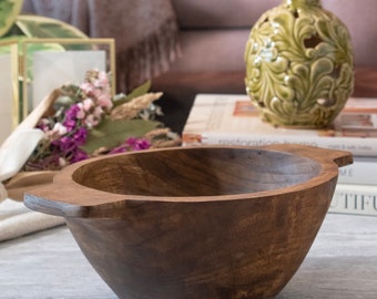 Hand Carved Mango Wood Bowl W/ Handles