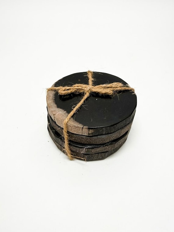 Real Petrified Wood Crystal Coasters Black & Grey Set of 4
