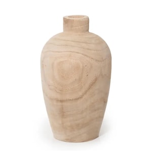 May include: A natural wood vase with a smooth, rounded shape. The vase is made of light brown wood with a natural grain pattern.