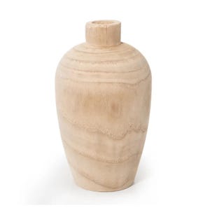 May include: A natural wood vase with a rounded, bulbous shape. The vase is made of light brown wood with a smooth, polished finish.