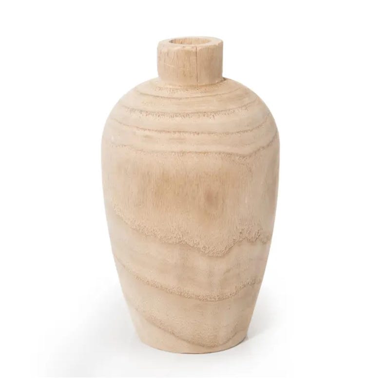 May include: A natural wood vase with a rounded, bulbous shape. The vase is made of light brown wood with a smooth, polished finish.