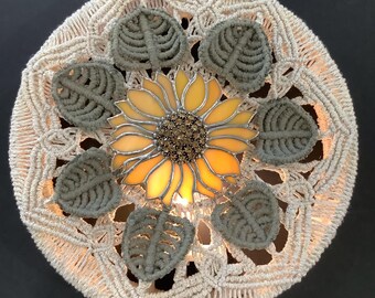 Macrame Sunflower Wall Light, Stained Glass Center, Bohemian Decor