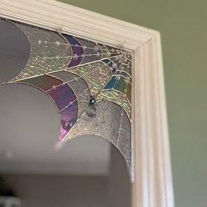 Stained glass iridescent spider web with spider, holiday decor, Halloween, corner accent, sun catcher, gift