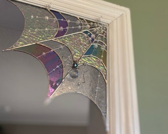 Stained glass iridescent spider web with spider, holiday decor, Halloween, corner accent, sun catcher, gift