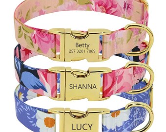 Dog Collar，Floral Dog Collar with Golden Metal Buckle, Personalized Dog Collars With Name Tag, Custom Collars for Small Medium Large Pet