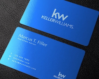 Tarjetas de presentación personalizadas de metal azul: acero inoxidable grabado con láser