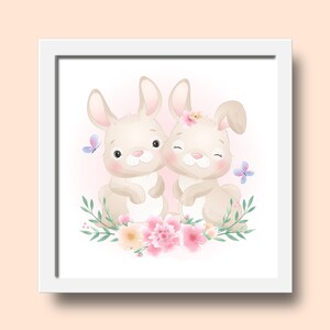Bunny Rabbit Aquarel Animal Wall Art Prints, Children's Bedroom decor, Jongens of Meisjes Playroom Kids cute Poster, Giclee Illustratie