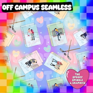 May include: Seamless pattern featuring book covers with hockey-themed illustrations and titles like "The Deal" and "The Mistake." The design includes hockey sticks, hearts, and text that reads "Off Campus Seamless" and "The Spooky Spindle & Graphics."