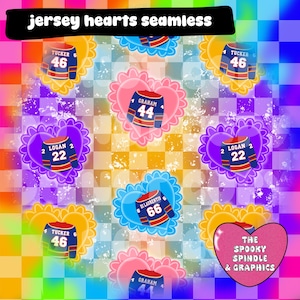 May include: Seamless pattern featuring stylized hockey jerseys with player numbers and names, set against colorful heart-shaped backgrounds. The design includes the text "jersey hearts seamless" and "The Spooky Spindle & Graphics".