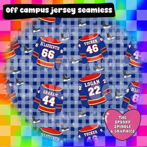 May include: Seamless pattern featuring blue and red hockey jerseys with player names and numbers, along with ice skates. The background has a blue plaid pattern with white stars. The text "off campus jersey seamless" is at the top.