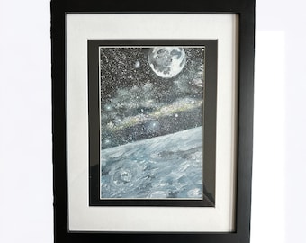 Framed Galaxy Painting: Original Acrylic Moon & Stars Celestial Art