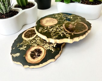 Handmade Resin Coasters Set of 2 with Dried Fruits & Herbs • Epoxy Botanical Coasters • Natural Home Décor • Unique Gift for Coffee Table